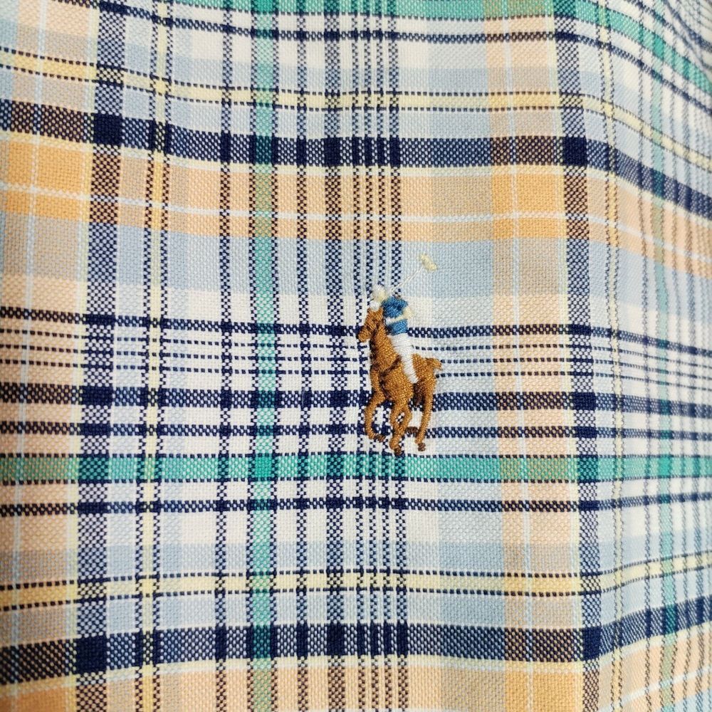 Ralph Lauren Men's XL Shirt Blue Yellow Plaid Windowpane Long Sleeve‎ Flesh Pony